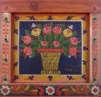 Objet : Panneau en bois et métal de charrette agricole peint de fleurs vers 1950 Italie