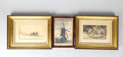 Tableau: dessin au fusain (3pcs) -Moulin- -attelage- -nature morte- signés BASTI