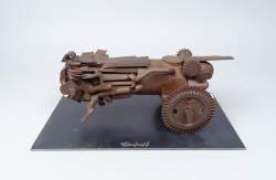 Sculpture: Composition en acier patiné -La deux Roues- avec socle signé DUFRANE