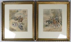 Tableau: aquarelle (2pcs) -scène de chasse- signé DE STA Henri