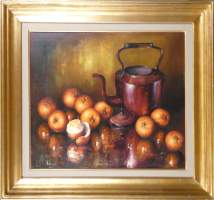 Tableau HST -Nature morte à l'orange- daté 1971 signé (illisible) 50x60cm cadre