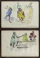 Tableau: (2) Aquarelle -scène de village africain- signé DAXHELET Paul