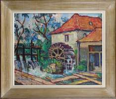 Tableau HST -Moulin sur l'Aa à Renty- 1968 signé DELDICQUE Yvonne