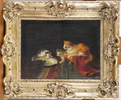 Tableau HST - Les chats & la tortue - signé Garnier C. (poss Ecole Belge XIXeS) (lacune)