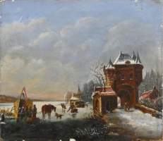 Tableau HSB (pt lacunes) - Porte de la ville animée sous la neige - signé LEICKERT Charles