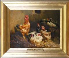 Tableau HSB - Coq & Poules - signé SCHOUTEN Henry
