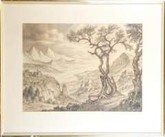 Tableau : dessin - Paysage - daté 1969 signé Johfra Bosschart pseudo de VAN DEN BERG Franciscus Johannes Gijsbertus