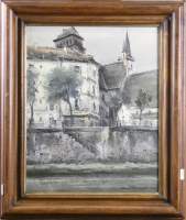 Tableau HST - Paysage citadin - avec certificat daté 1977 signé HIRAKAWA Isamu