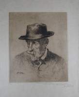 Estampe : Eau - forte sur papier japon (pliure) - Portrait d'Emile Claus - daté 1923 dédicacé à la ma mémoire d'Emile Claus signé MONTIGNY Jenny
