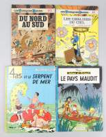 BD en EO (4p) (usure ext , int frais , pt taches) : Johan et Pirlouit Pays Maudit 1964 , 4as Serpent...1964 , Tuniques bleues...1972 (nom int couv , taches) , Cavalier...1976 (étiq
