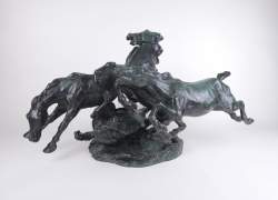 Sculpture : Bronze à patine verte - Cavalcade de chevaux - circa 1924 signé HAGER Albert