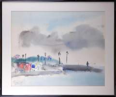 Tableau : dessin aquarelle (taches) - Paysage - daté 66 signé PAPASSAVAS Stavros