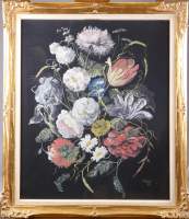 Tableau Gouache - Fleurs - daté 1960 signé DUMONT Gilberte