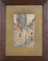 Tableau: aquarelle -Vue de la rue Cronque sur le beffroi de Mons- signé PUTSAGE