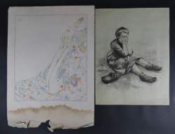 Estampe: Lithographie (2) (dont 1 couleur, pt taches, pliure) -Jeune femme- -men