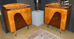 Meuble : Rare paire de buffets Art déco dont un intérieur Bar (traces d'usages) en loupe dessus marbre rose dans le goût du mobilier de paquebot/hôtel