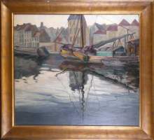 Tableau HST - Le canal/ Marine - signé Cécile DOUARD 1ere moitié 20eS