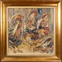 Tableau HST - Coq et poules - daté 45 signé ROSIR