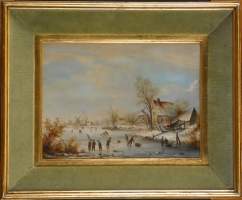 Tableau HSB - Paysage hivernal animé - signé MICHEL