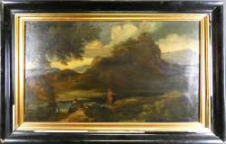 Tableau HST - Paysage a/scène religieuse - école flamande du XVIeS (fortement restauré) (restauration ancienne vernis au plomb + restaurations plus recentes)