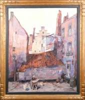 Tableau HST - Lavandière et joueurs de billes - signé DUMOULIN Roméo