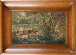 Tableau HSB - Barque sous un saule au bord de la Suippe effet de soleil - monogramé GUERY Armand