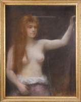 Tableau : dessin pastel (présence chancis) - Femme à moitié nue - anonyme 1ere moitié 20eS cadre doré (lacunes)