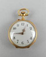 Bijou : Montre de gousset de col double cuvette en or 18K finement ciselée de fleurs mouvement à remontoir inscription LECOULTRE & Cie (En état)