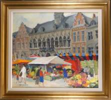 Tableau HST -Grand place de Mons/ marché aux fleurs- signé VAN DEN BRANDT Alfred