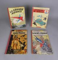 BD : 4BD (+/ - usés , int frais , pt taches) 3 a/point Tintin: LEFRANC GdeMenace Réed57, Enigmatique BARELLI EO Belge56 imp.DEOSER, SX1 Réed 57, GdePyramide Réed59