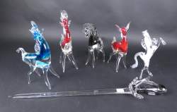 Verrerie : animaux en verre de MURANO dont chevaux + 1 dague en verre de MURANO (6pcs)