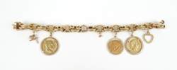Bijou : Bracelet en or 18K + 2 pendeloques 14K + 3 pièces de monnaie françaises en or de 20FF