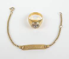 Bijou : Bague sertie d'un zircon et gourmette en or jaune 18K