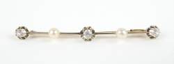 Bijou : Broche barrette en or jaune 18K sertie de pierres incolores et de perles de culture