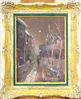 Tableau HSP -Ruelle animée en hiver- signé YSEBAERT V. 24x18,5cm cadre de style