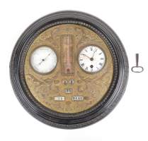 Horlogerie : Horloge murale (Ds l'état) ronde en cuivre et bois circa 1880 avec baromètre , thermomètre et calendrier signé TA breveté SGDG