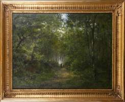 Tableau HST rentoillé - Sous - bois animé - fin 19eS signé Marie PEETERS