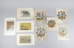 Asiatique : dessin à la gouache - scènes indiennes - sur feuilles calligraphiées