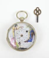 Bijou : Montre de gousset GIRARDIER L'AINE en métal argenté mouvement à coq (mvt s'arrête) avec clef cadran peint fin 18e - début 19eS (cadran acc)