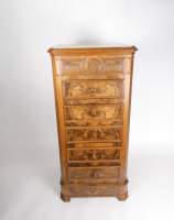 Meuble : Chiffonnier en bois de placage de loupe 3 tiroirs 1 abattant dessus marbre (griffes , fissures) 94x43x34cm