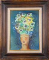 Tableau HSP - Dame aux cheveux fleuris - signé DEMANET 45x35cm cadre bois