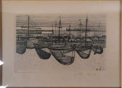 Estampe : Eau - Forte - Bateau à quai - monogrammé signé CAMUS Gustave