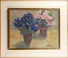 Tableau HST - Fleurs en pot - signé CHARDON Germaine 40x50cm cadre doré portrait réalisé sur l'envers de la toile