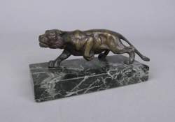 Sculpture : Bronze patiné - Lion à l'affût - H : 4 , 5 L : 14cm socle en marbre