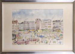 Tableau aquarelle - Marché aux fleurs Grand Place de Mons - daté 1980 signé D'OULTREMONT Madeleine (XX , XXI) 35x50cm cadre alu sous verre