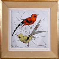 Tableau : panneau de céramique - Couple d'oiseaux - Vallauris monogrammé MB BRUNNER Monique