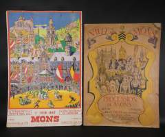 Objet : Affiches de la ville de Mons (2pcs) (usure du temps) : Fête du Lumeçon du 1er Juin 1947 + Procession Car d'Or de la trinité 16 juin 1946