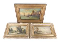Tableau HSB (3pcs) - paysage animé - signé MOREAU (2) (1840 , 1900?) fin 19eS cadre de style doré (lacunes) + - Marine - signé 21x36cm cadre de style (lacunes)