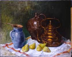 Tableau : (2) HST - Nature morte aux poires - 1943 signé CANONE E. (XXèS) 71x87 , 5 et - Nature morte - signé MEUNIER P. (XXèS) 38x49cm cadre bois