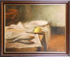 Tableau HST - Nature morte aux poissons - signé REGNART Victor